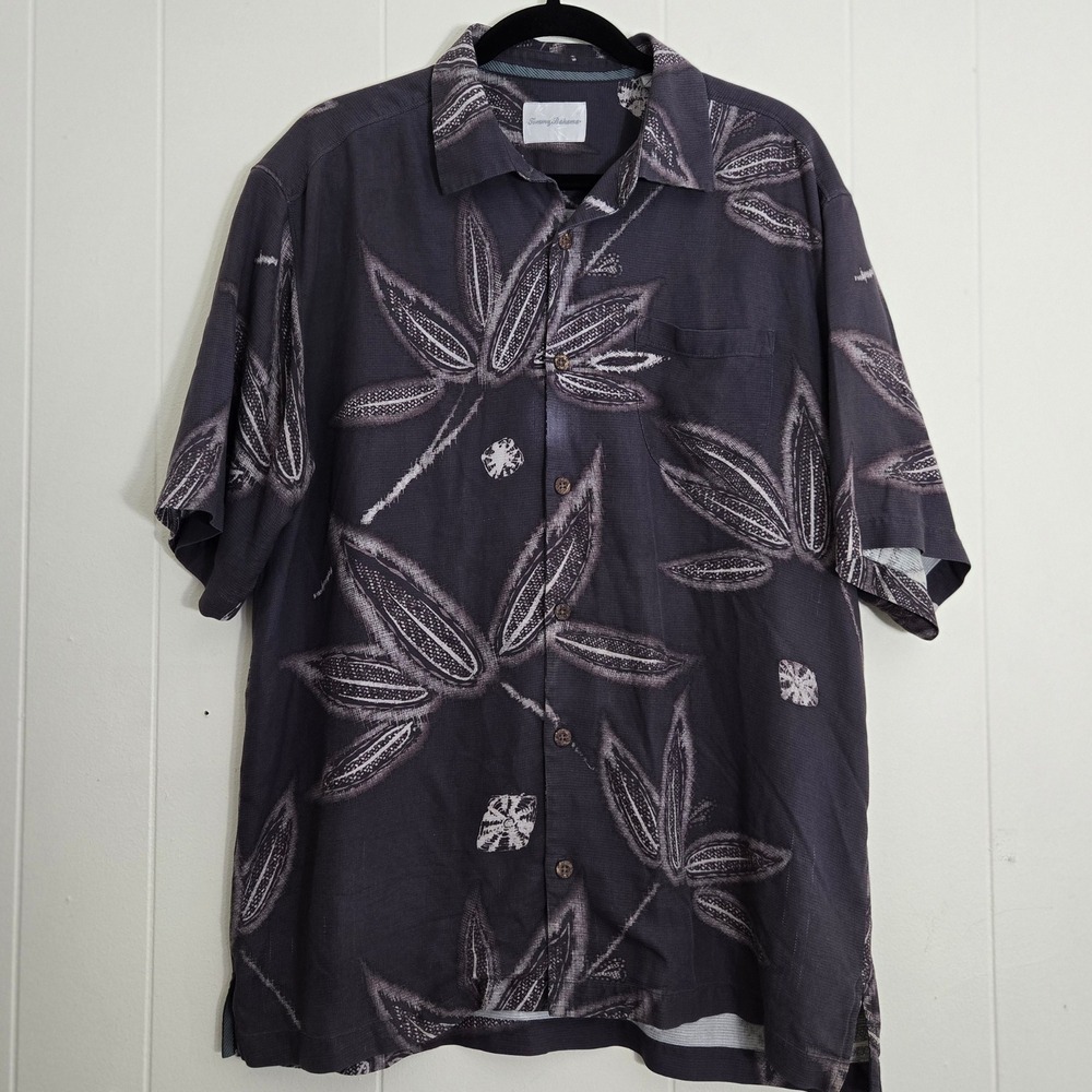 Tommy Bahama‎ Silk Shirt Men's Medium Leaves Pattern Button Down Short Sleeve